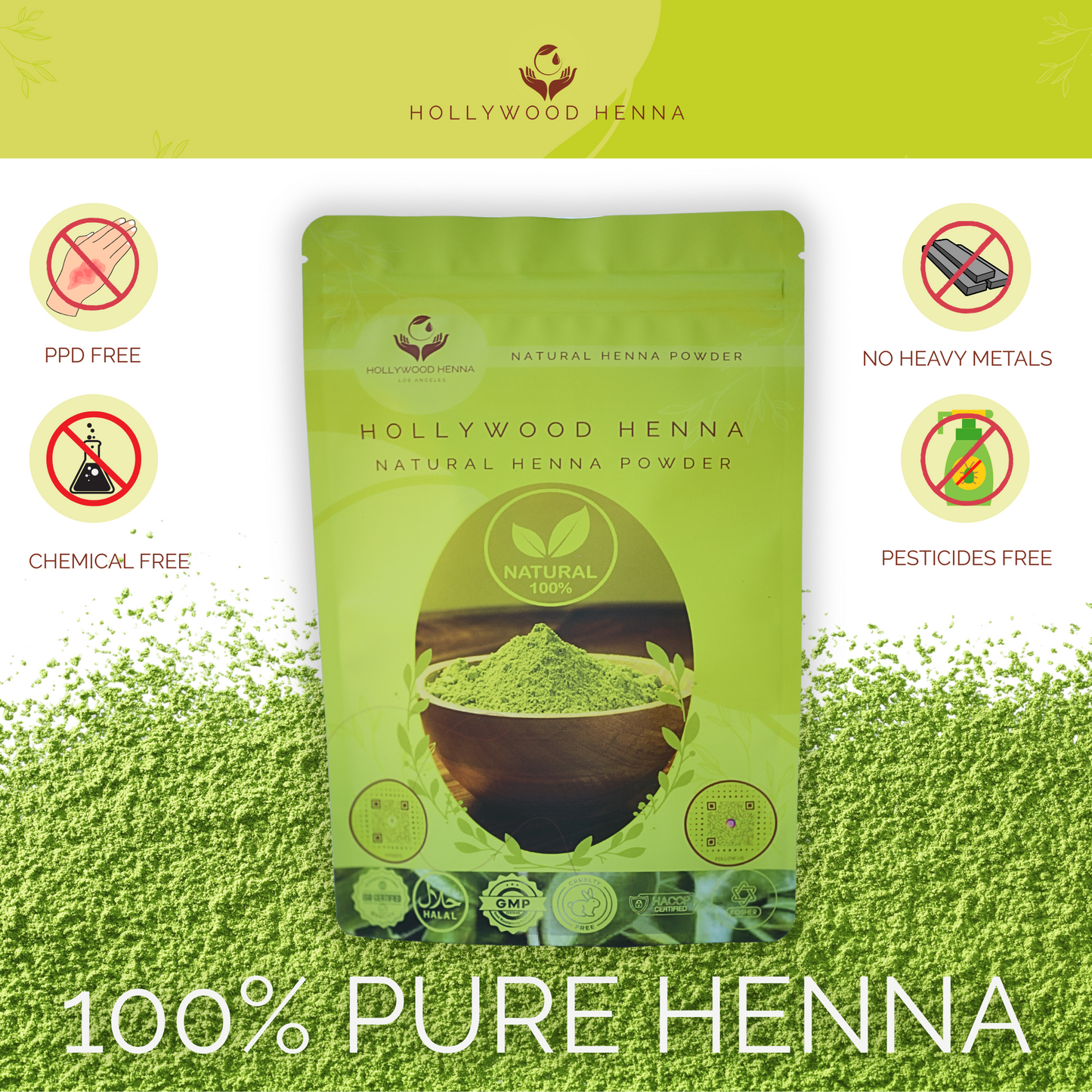 Natural Henna Powder Pouch - Ammonia-Free, Chemical-Free Hair Treatment (0.5 lbs) HOLLYWOOD HENNA