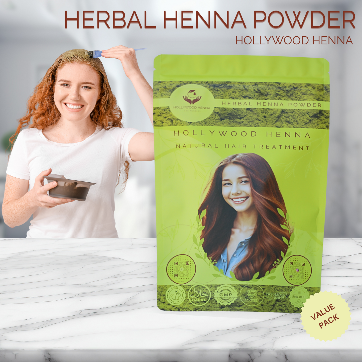 Herbal Henna Powder Pouch - Natural Hair Treatment - Organic & Ammonia-Free (0.5 lbs) HOLLYWOOD HENNA