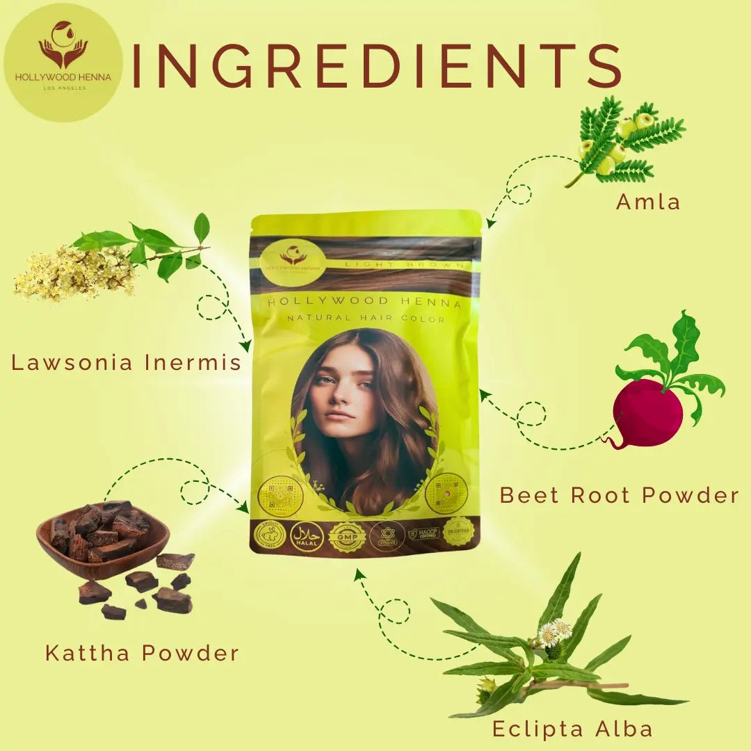 Light Brown Henna Hair Color Pouch - Ammonia - Free, Organic, and Long - Lasting (0.5 lbs) - HOLLYWOOD HENNA
