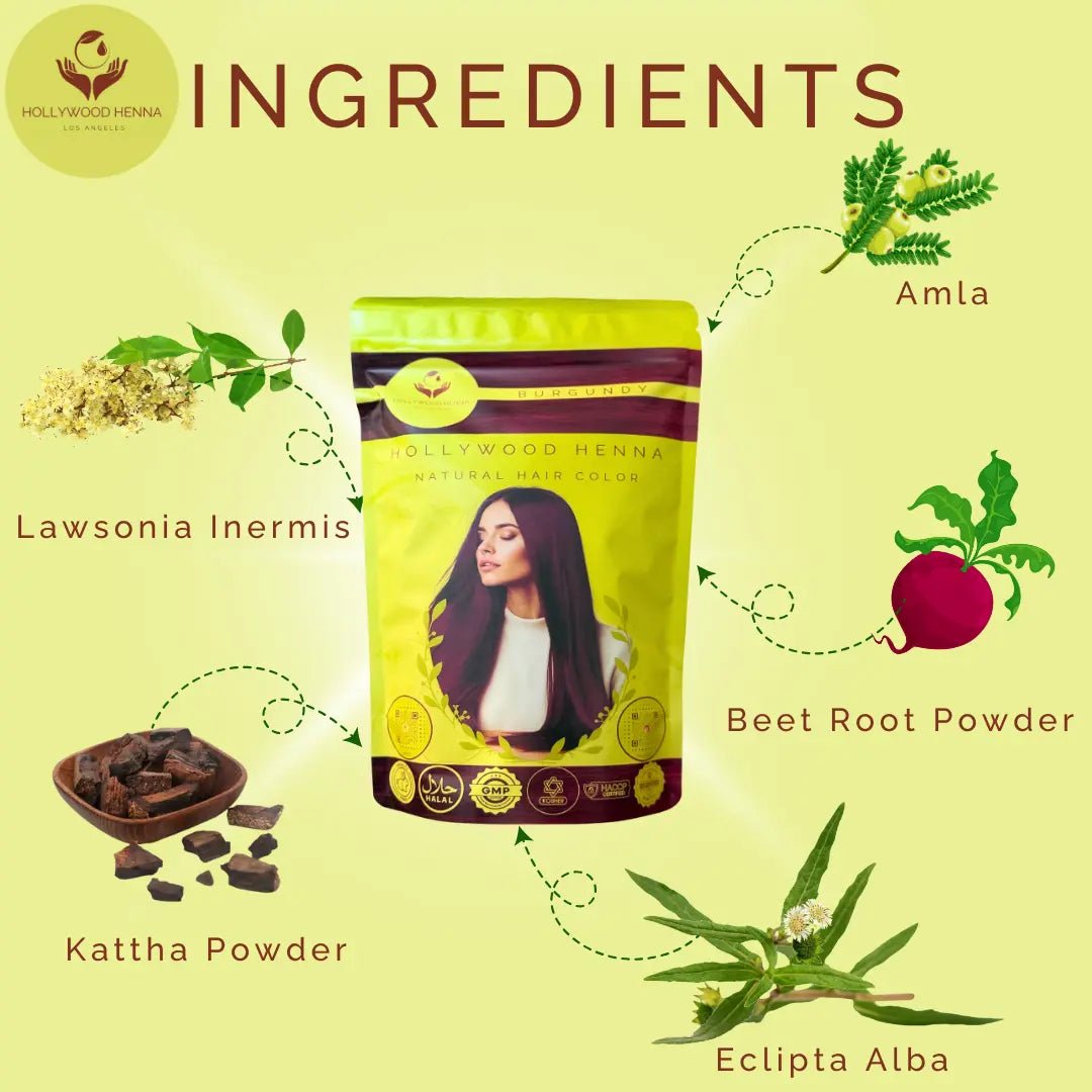 Burgundy Henna Hair Color Pouch - Ammonia - Free, Organic, and Long - Lasting (0.5 lbs) - HOLLYWOOD HENNA