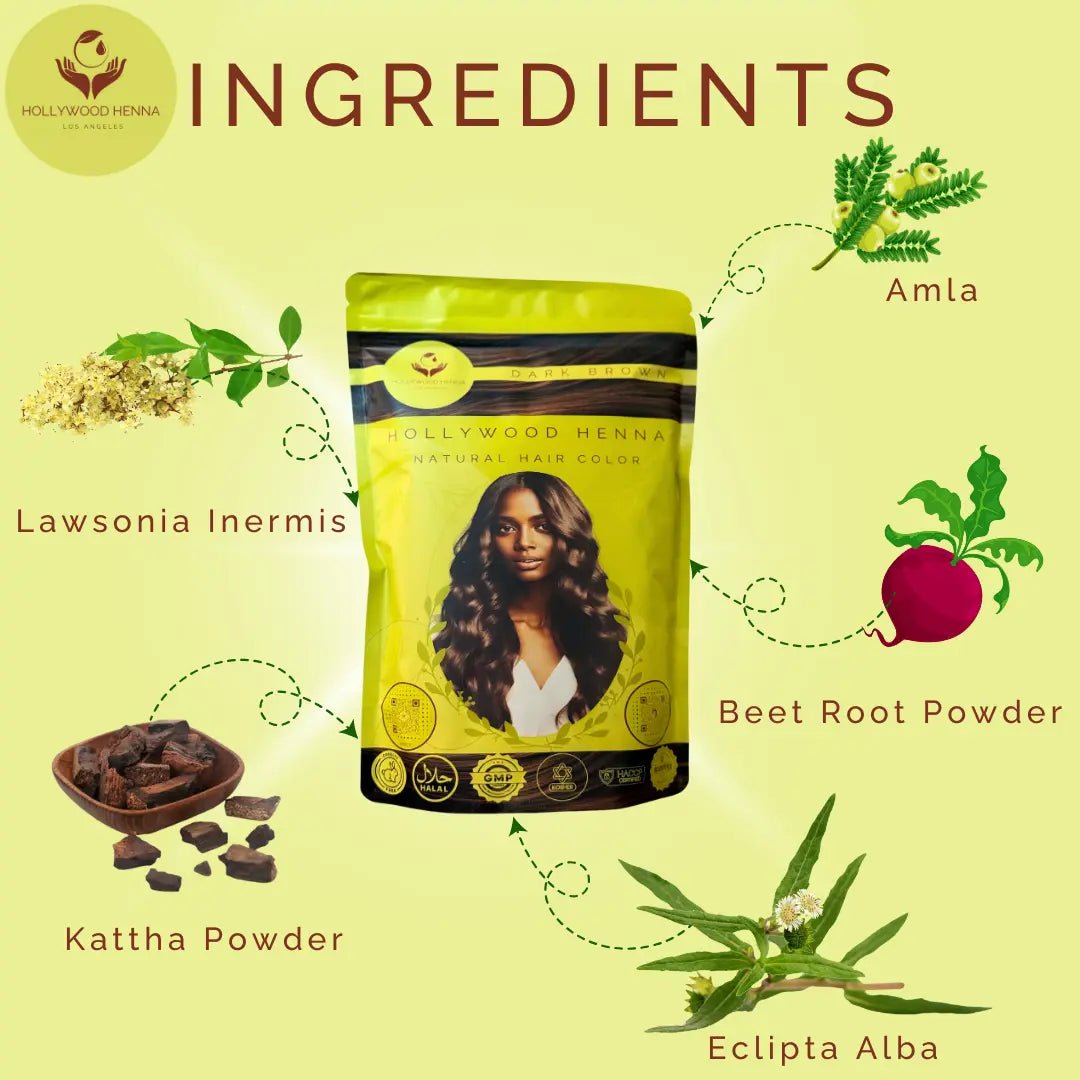 Dark Brown Henna Hair Color Pouch - Ammonia - Free, Organic, and Long - Lasting (0.5 lbs) - HOLLYWOOD HENNA