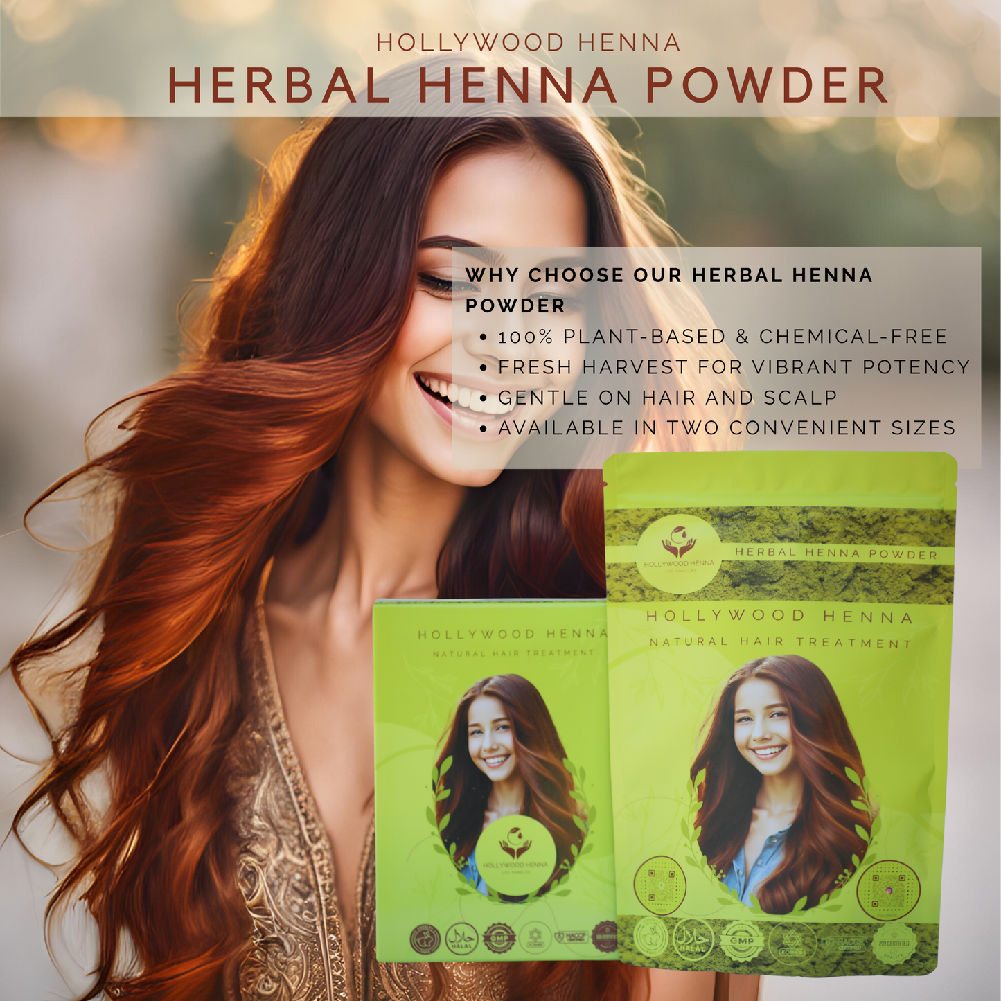 Herbal Henna Powder Pouch - Natural Hair Treatment - Organic & Ammonia-Free (0.5 lbs) HOLLYWOOD HENNA