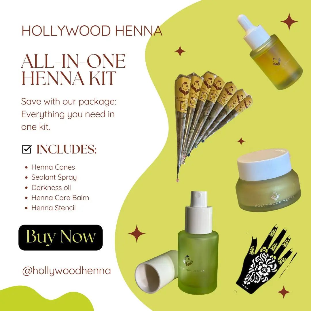 100% Natural, ALL - IN - ONE HENNA KIT - Ready - to - Use Handmade Organic Henna Cones with Aftercare Supplies (10 Cones), 15 - 18g Each - HOLLYWOOD HENNA