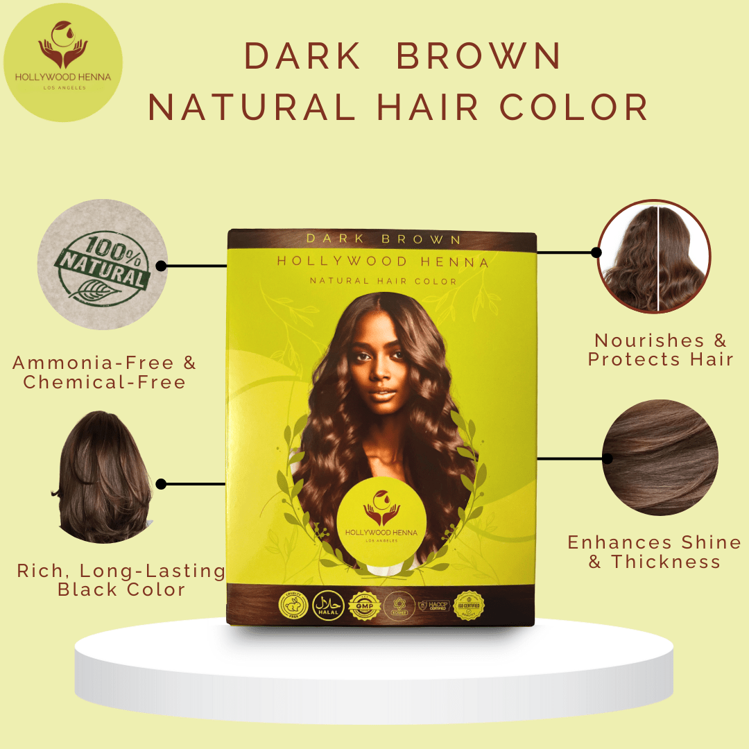 Dark Brown Henna Hair Color kit - Ammonia - Free, Organic, with Application Tools (0.22 lbs) - HOLLYWOOD HENNA