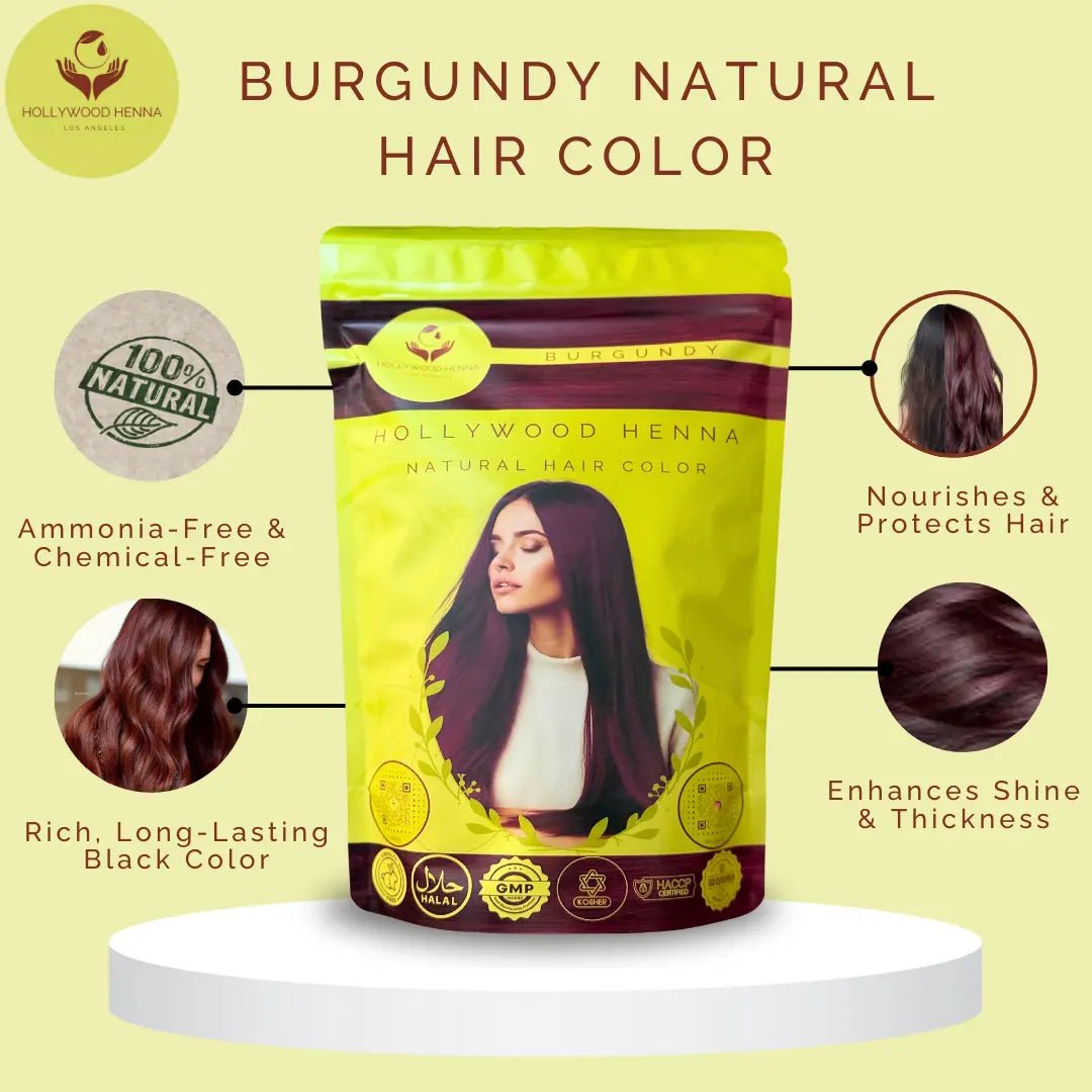Burgundy Henna Hair Color Pouch - Ammonia - Free, Organic, and Long - Lasting (0.5 lbs) - HOLLYWOOD HENNA