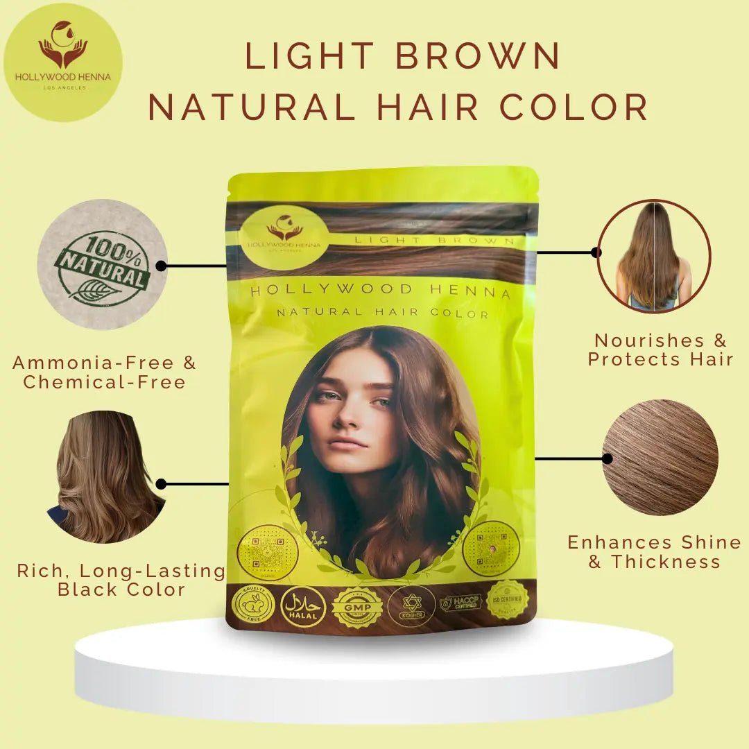 Light Brown Henna Hair Color Pouch - Ammonia - Free, Organic, and Long - Lasting (0.5 lbs) - HOLLYWOOD HENNA