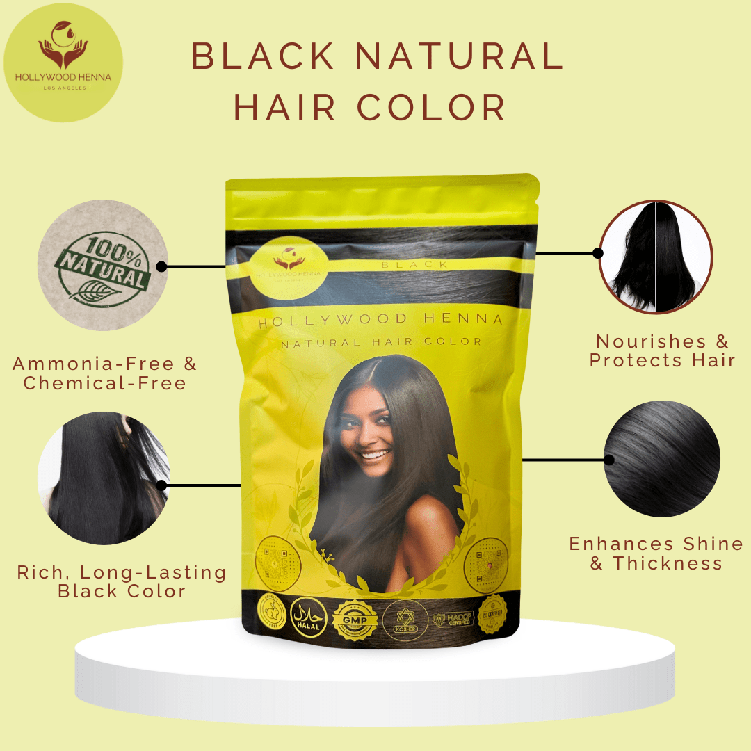 Black Henna Hair Color Pouch - Ammonia - Free, Organic, and Long - Lasting (0.5 lbs) - HOLLYWOOD HENNA