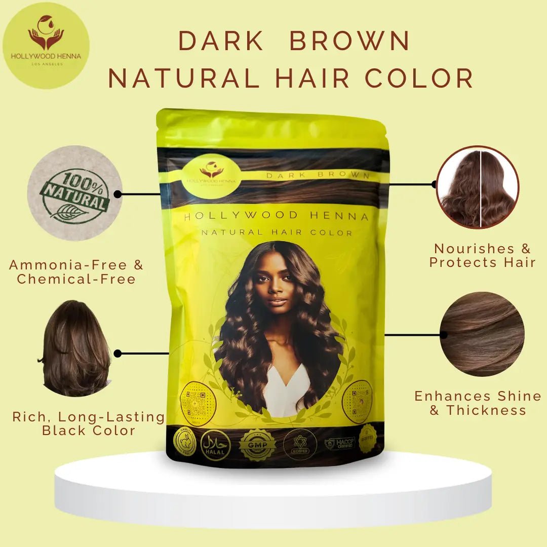 Dark Brown Henna Hair Color Pouch - Ammonia - Free, Organic, and Long - Lasting (0.5 lbs) - HOLLYWOOD HENNA
