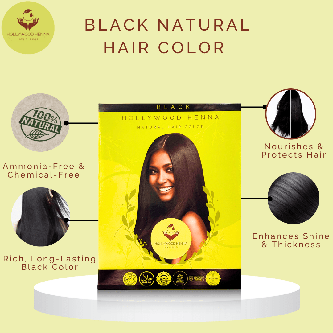 Black Henna Hair Color Kit - Ammonia - Free, Organic, with Application Tools (0.5 lbs) - HOLLYWOOD HENNA