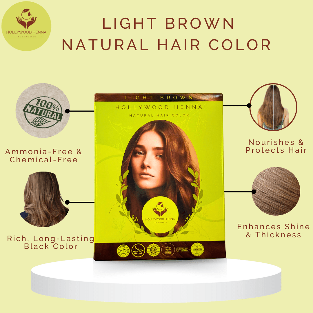 Light Brown Henna Hair Color Kit - Ammonia - Free, Organic, with Application Tools (0.22 lbs) - HOLLYWOOD HENNA