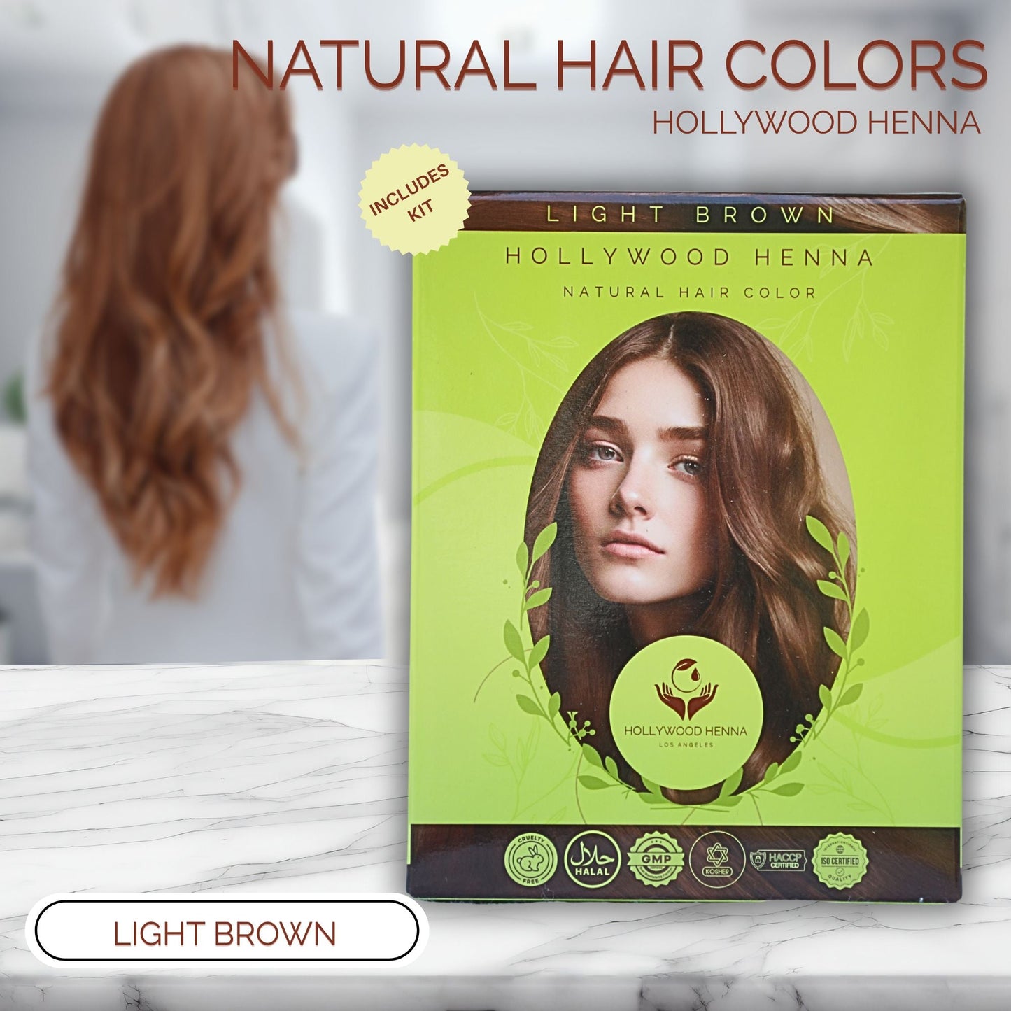 Light Brown Henna Hair dye Kit - Ammonia-Free, Organic, with Application Tools (0.22 lbs) HOLLYWOOD HENNA