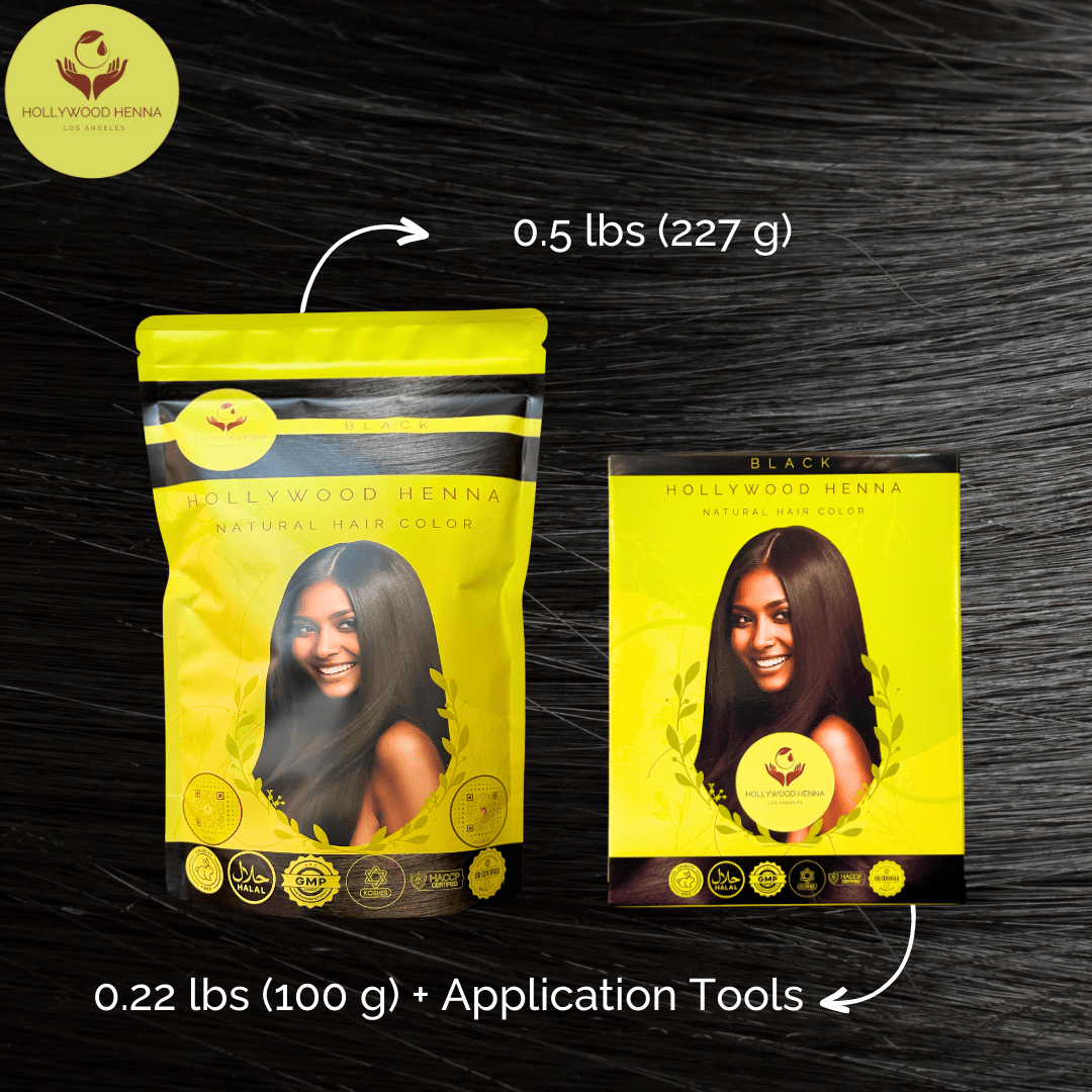 Black Henna Hair Color Kit - Ammonia - Free, Organic, with Application Tools (0.5 lbs) - HOLLYWOOD HENNA