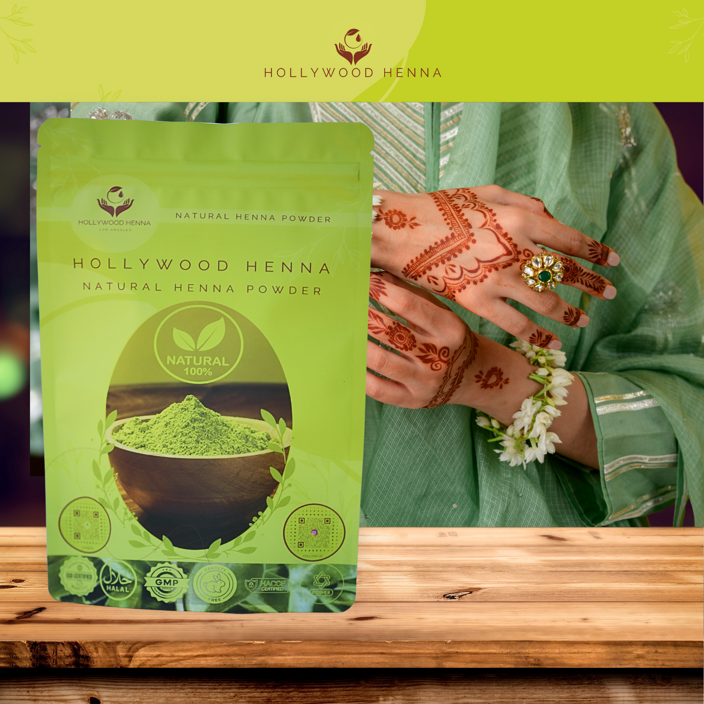 Natural Henna Powder Pouch - Ammonia-Free, Chemical-Free Hair Treatment (0.5 lbs) HOLLYWOOD HENNA