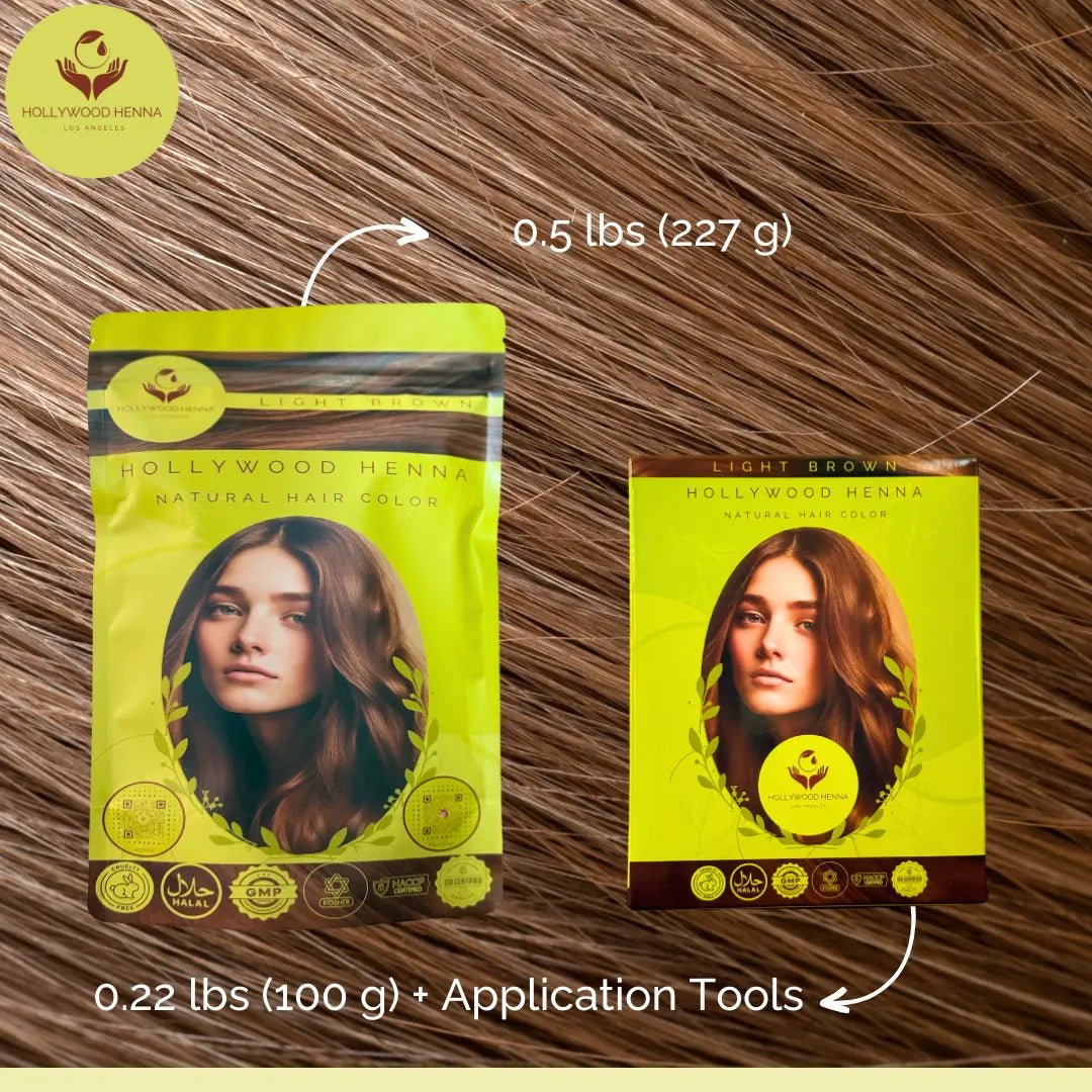 Light Brown Henna Hair Color Kit - Ammonia - Free, Organic, with Application Tools (0.22 lbs) - HOLLYWOOD HENNA