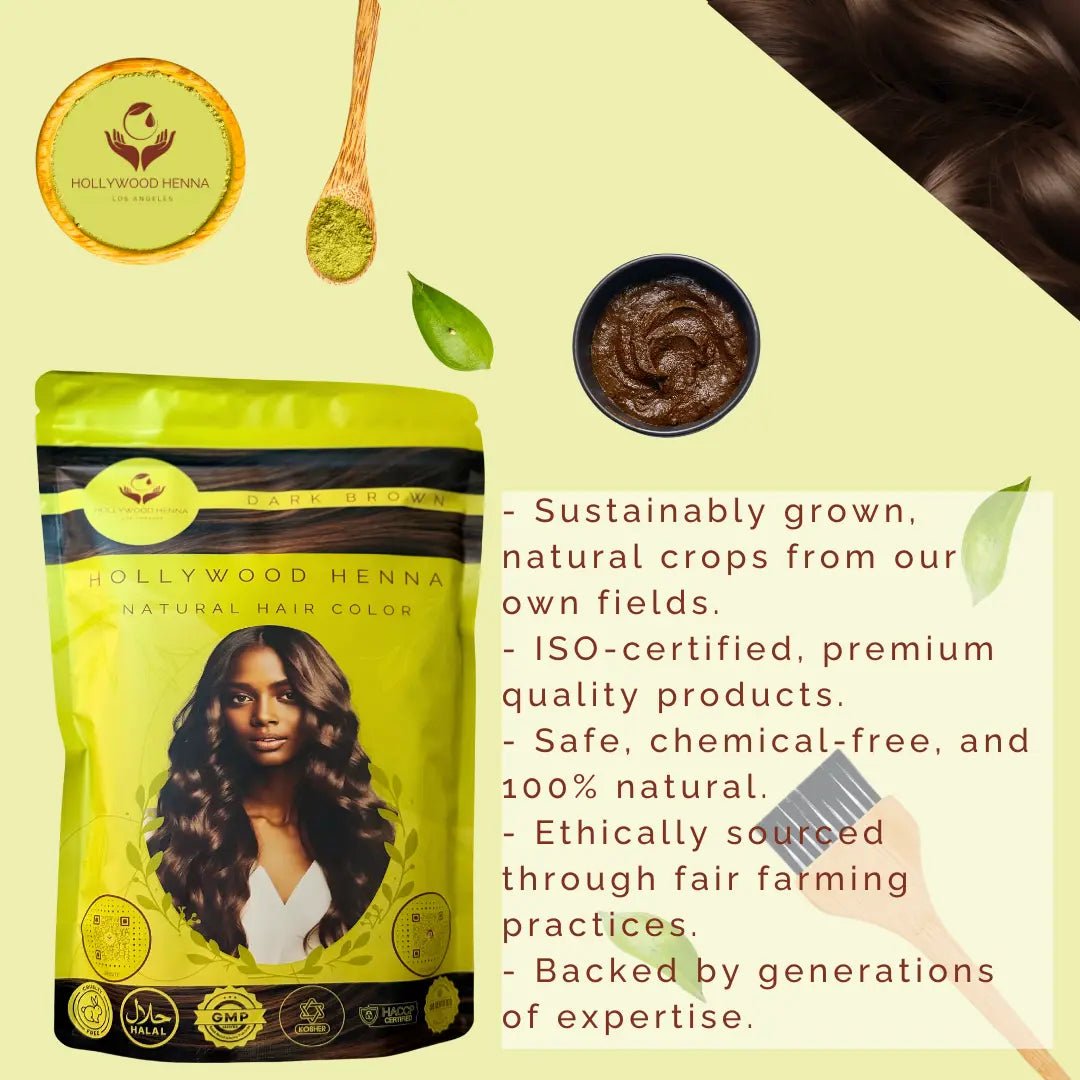 Dark Brown Henna Hair Color Pouch - Ammonia - Free, Organic, and Long - Lasting (0.5 lbs) - HOLLYWOOD HENNA