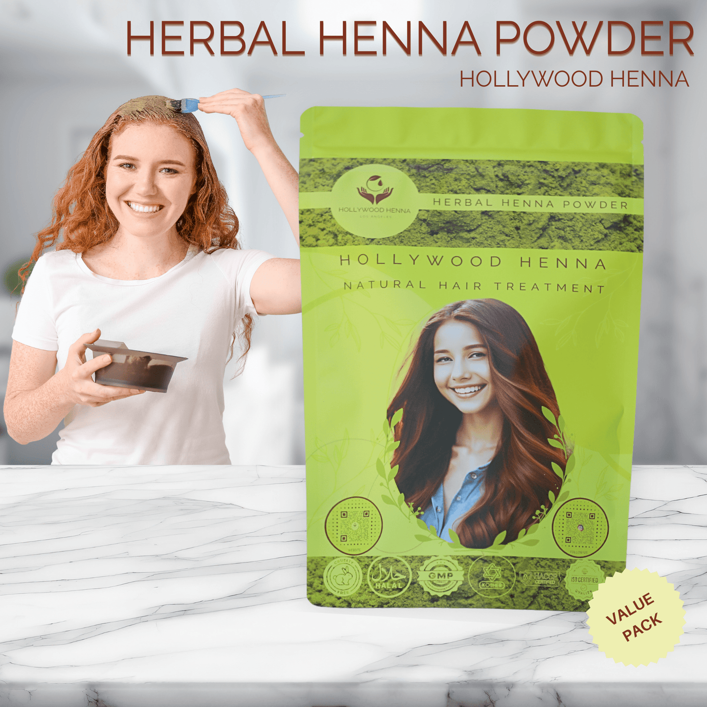 Herbal Henna Powder Pouch - Natural Hair Treatment - Organic & Ammonia-Free (0.5 lbs) HOLLYWOOD HENNA
